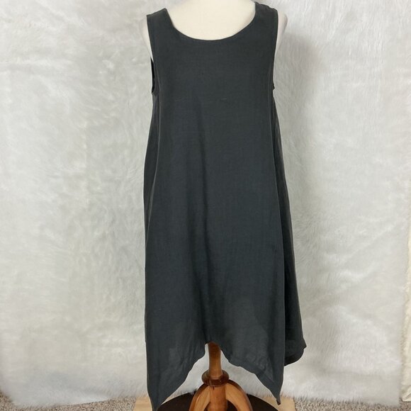 Lisa Bayne Charcoal Gray Linen Sleeveless Asymmetrical Hem Midi Shift Dress S - Picture 1 of 7